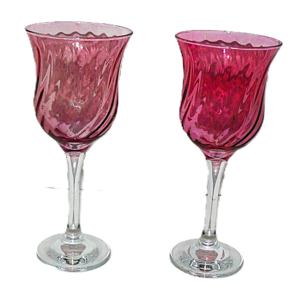 Set Of 2 Cranberry Ruby Swirl GlassTwisted-Optic Wine Goblets MCM Vintage